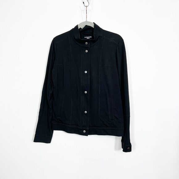 Eileen Fisher Jacket Women’s medium Organic Cotton Lightweight Black Button Down - Picture 1 of 5